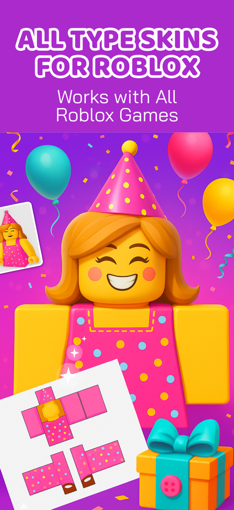 SkinBlox-Skin Maker for Roblox - A smiling Roblox character wearing a custom pink dress and party hat created using a skin maker app
