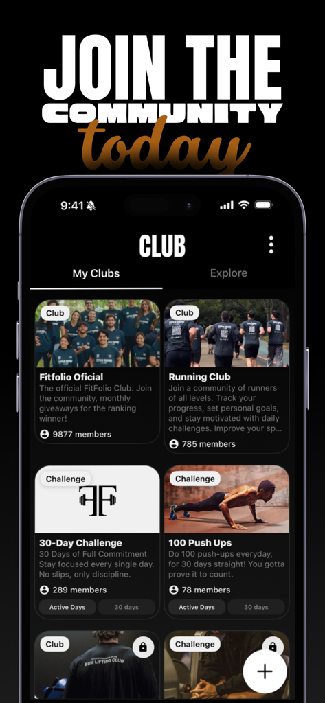 フィットネス クラブやコミュニティ エンゲージメントのためのチャレンジを表示する Fitfolio アプリのインターフェース。