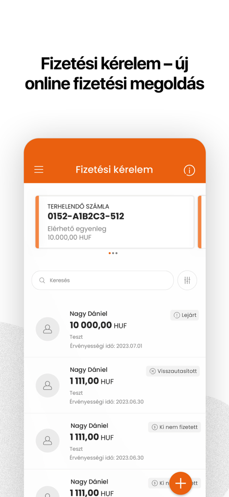 CIB Bank mobile app payment request interface showing transaction history and statuses