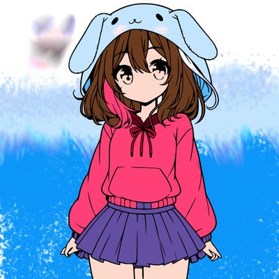 pretty anime girl wearing a fluffy hoodie with bunny ears on the hood and a skirt