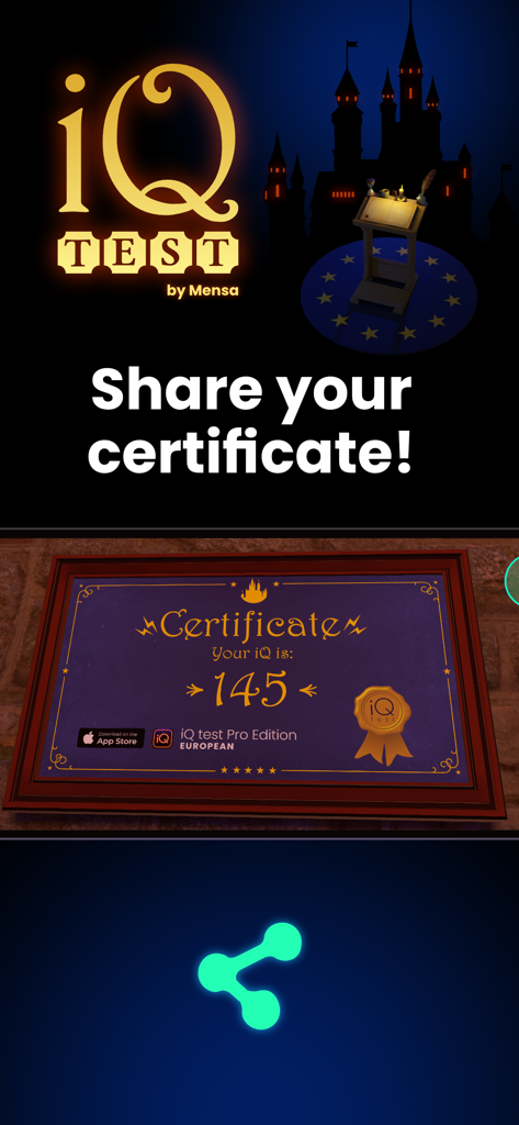 Certificado do aplicativo de teste de QI mostrando uma pontuação alta de 145 com um botão de compartilhamento