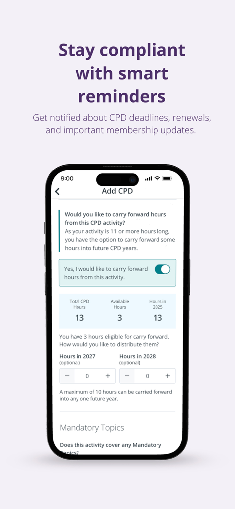 A smartphone displaying the RICS Member App CPD logging screen with a focus on smart reminders and carrying forward hours for compliance.
