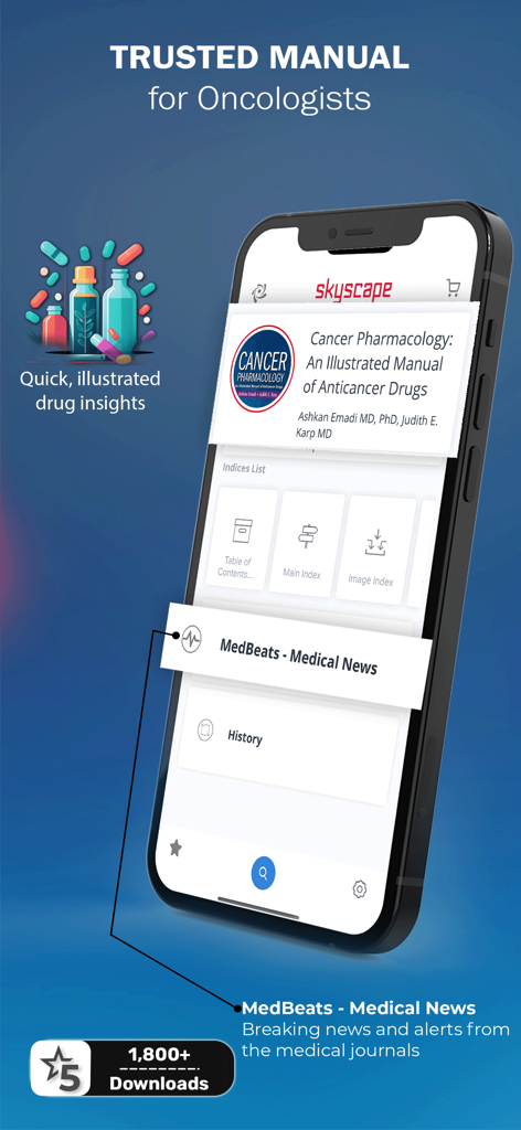 Cancer Pharmacology Manual - Interfaz de la aplicación Manual de Farmacología Oncológica en un teléfono inteligente que muestra información visual de fármacos y noticias médicas para oncólogos.