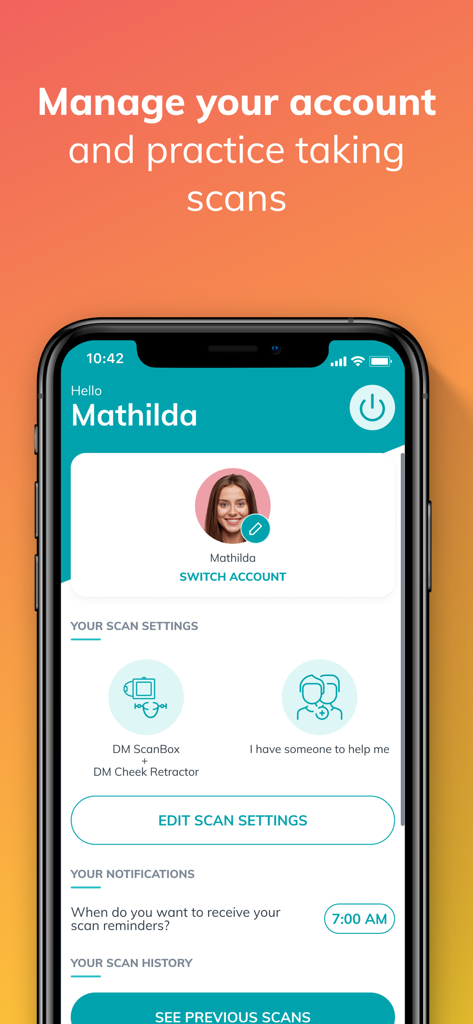 DentalMonitoring app dashboard showing user profile scan settings and notifications