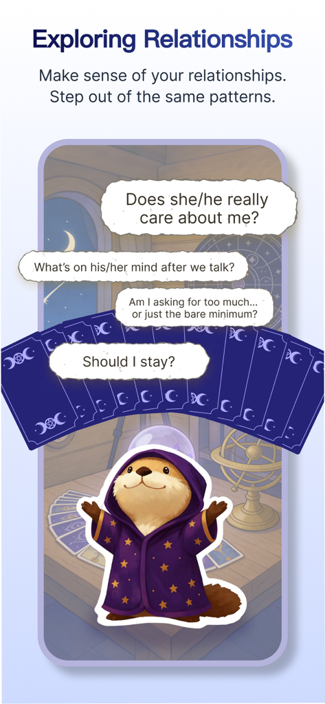 轻舟 Moor - AI Emotional support - 마법사 수달 캐릭터와 관계 조언 프롬프트가 있는 무어 AI 앱의 관계 탐색 기능 스크린샷.