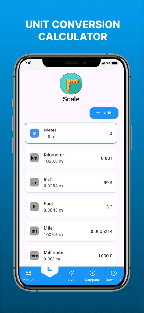 GPS Land Area Measure Live - Ferramenta de conversão de unidades dentro do aplicativo Medição de Área de Terreno GPS mostrando medições de comprimento em metros, quilômetros, polegadas, pés e milhas