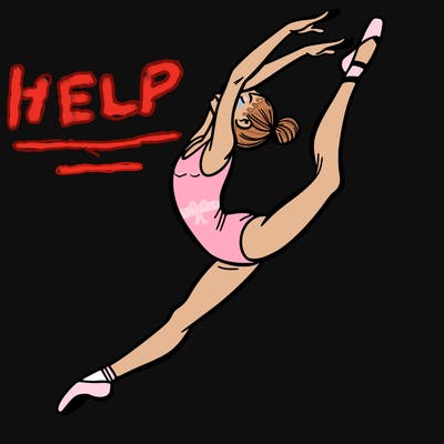 gymnast doing a leap in a leotard with a bent back leg