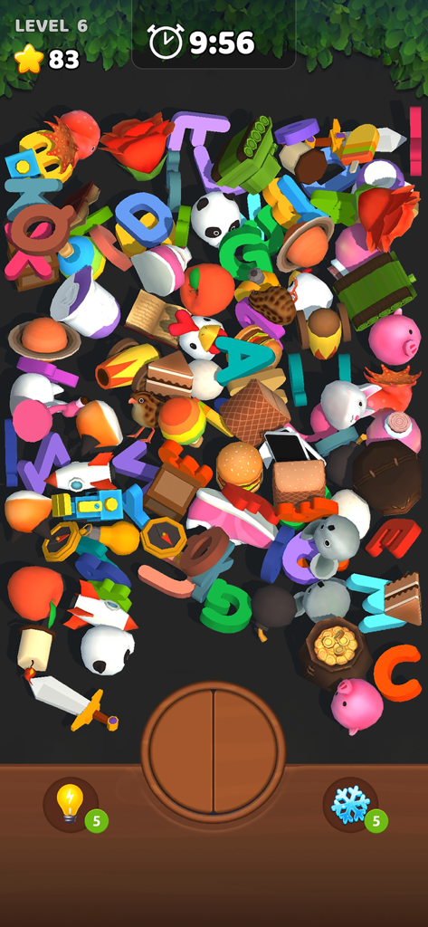 A pile of colorful 3D objects including letters and toys in a Match 3D Blast level