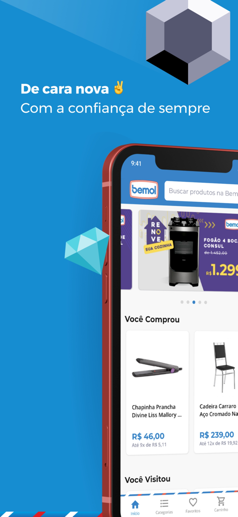 Pantalla de inicio de la app móvil Bemol mostrando listados de productos de electrodomésticos y muebles para el hogar.