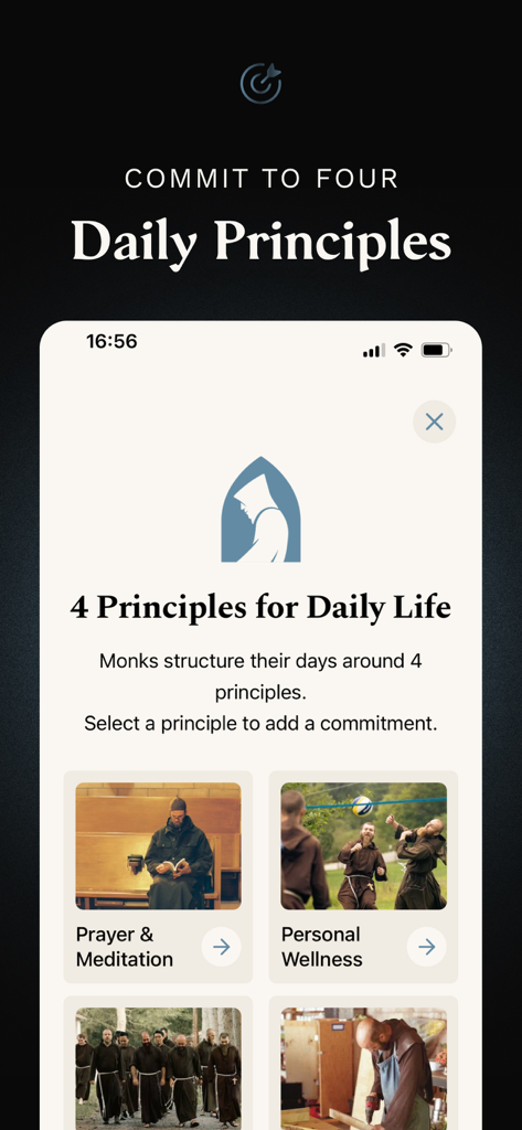 Monk Mindset - Una interfaz móvil para la aplicación Monk Mindset que muestra principios diarios para la oración, meditación y bienestar personal