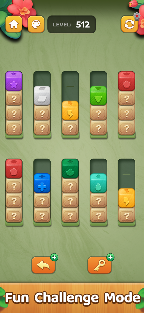 Block Sort: Color Puzzle Games - Jugabilidad de Block Sort Color Puzzle mostrando bloques de colores en tubos durante un nivel de modo desafío.