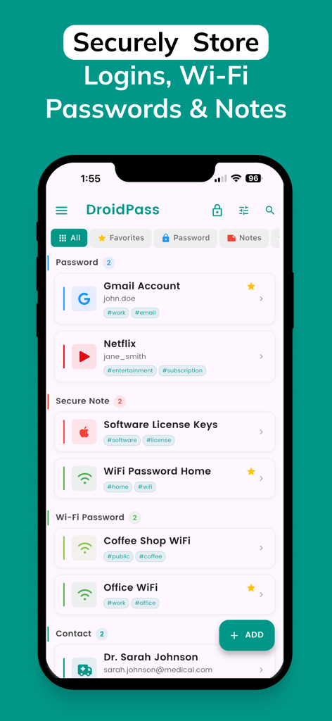 DroidPass Password Manager - DroidPass app interface showing a list of stored passwords notes and wifi credentials