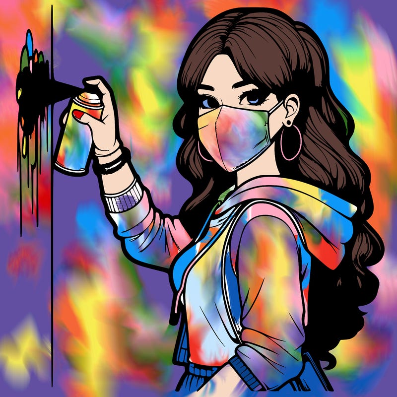 realistic girl with mask spray painting a wall