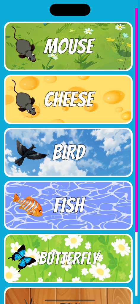 Menu principale dell'app Cat Game che mostra varie modalità di gioco come topo uccello pesce e farfalla