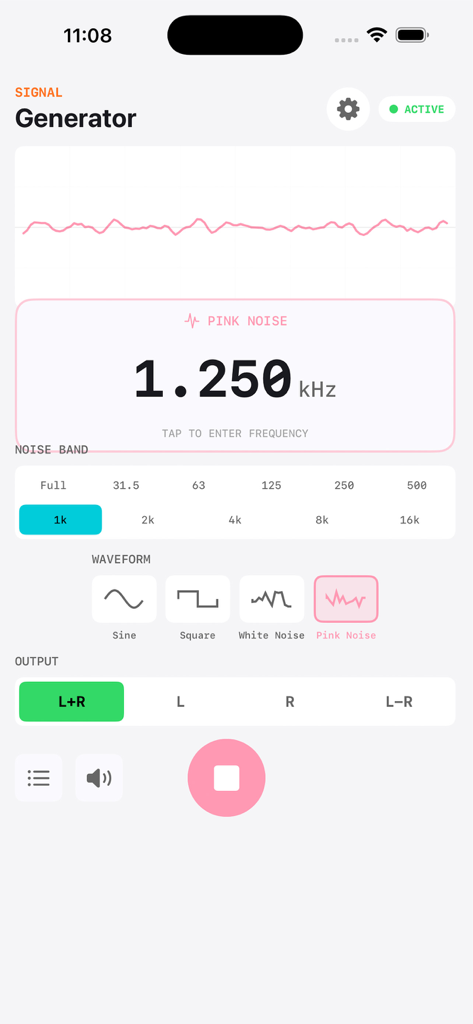 Interfaccia dell'app Signal Generator che mostra rumore rosa a 1.250 kHz con visualizzazione dell'oscilloscopio in tempo reale