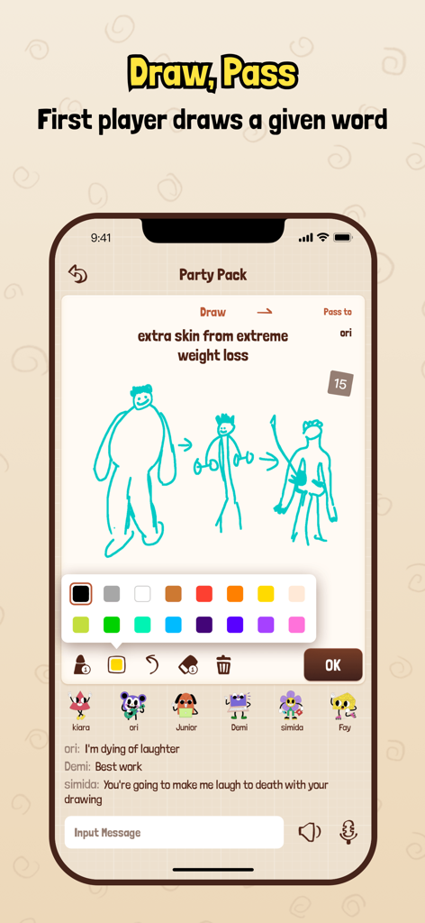 TeleDraw: Telephone Pictionary - A mobile screen from TeleDraw showing a funny stick figure drawing based on a prompt with a color palette and group chat.