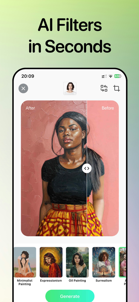 NoX Effect: AI Video Generator - A mobile app screen showing a before and after comparison of a portrait transformed into an oil painting using AI art filters
