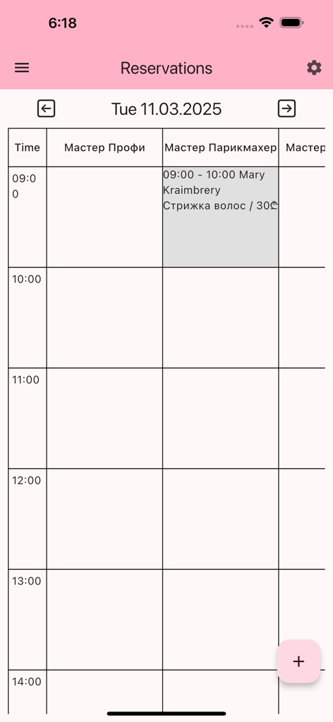 Book-Me - Interfaz de calendario de reservas diarias en la aplicación Book-Me que muestra citas por hora para los proveedores de servicios.