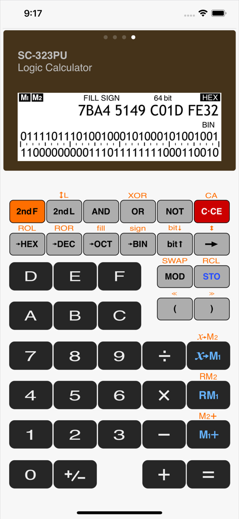 Calculator SC-323PU - Calculator SC-323PU interface in logic calculator mode displaying hexadecimal and binary values with programmer tools