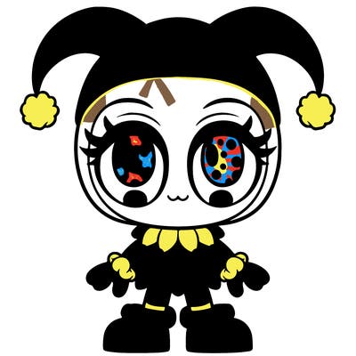 pomni white skin dark brown hair short adjuster hat, that’s red and blue with pom-poms on it red and blue jester suit with pom-poms on the middle 2 of them jester shoes, red and blue at the top yellow ribbon red and blue for the gloves ribbon on the gloves her eyes looks like pizza slices, but colored, red and blue at the same time
