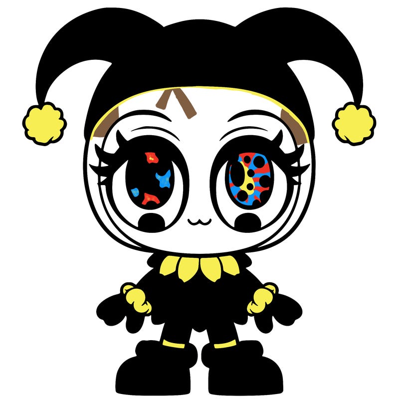 pomni white skin dark brown hair short adjuster hat, that’s red and blue with pom-poms on it red and blue jester suit with pom-poms on the middle 2 of them jester shoes, red and blue at the top yellow ribbon red and blue for the gloves ribbon on the gloves her eyes looks like pizza slices, but colored, red and blue at the same time