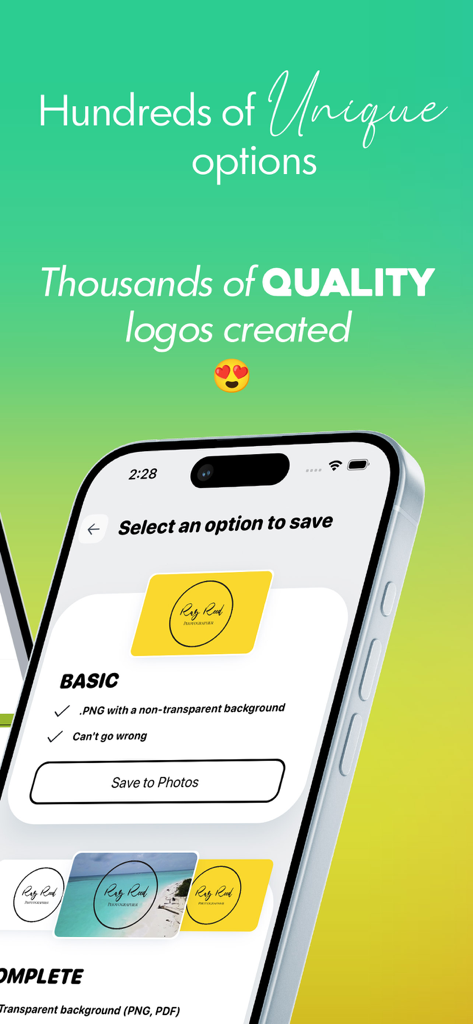 Logo Maker & Design Creator ‣ - A smartphone screen showing various professional logo design options in a logo maker app