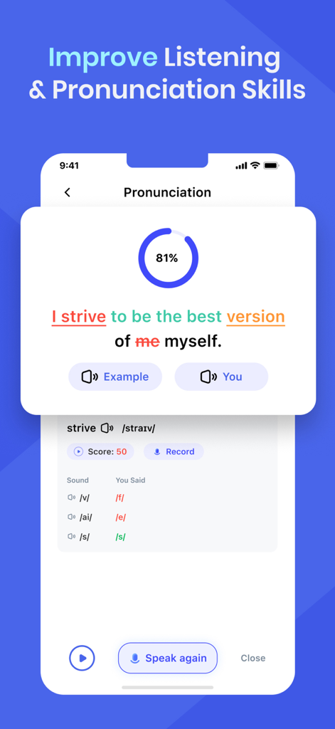 Hablo: Speak & Learn English - Hablo app screen demonstrating English pronunciation practice and phonetic feedback