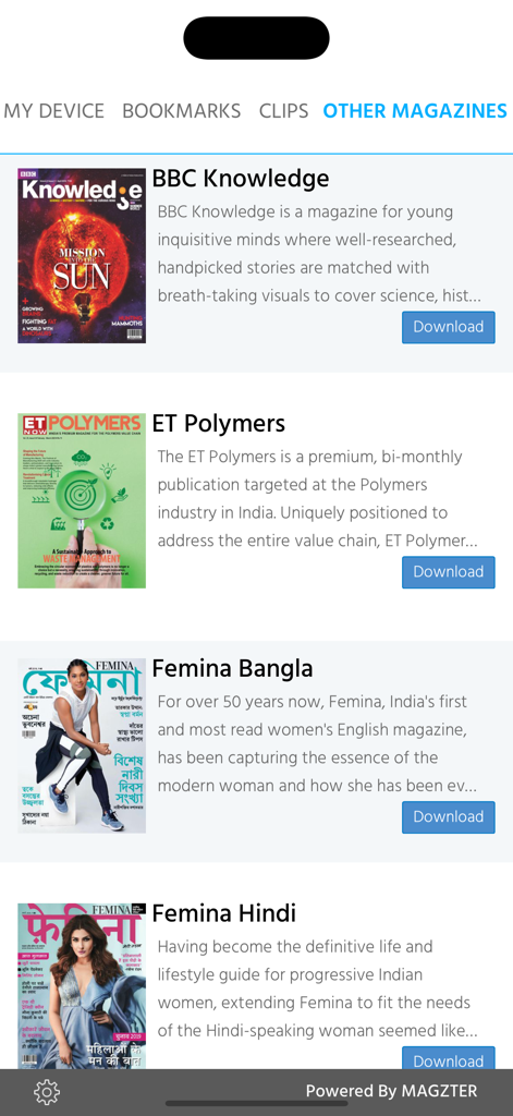Femina Magazine - A list of additional magazine titles including Femina Hindi and Femina Bangla available for download within the Femina Magazine app.