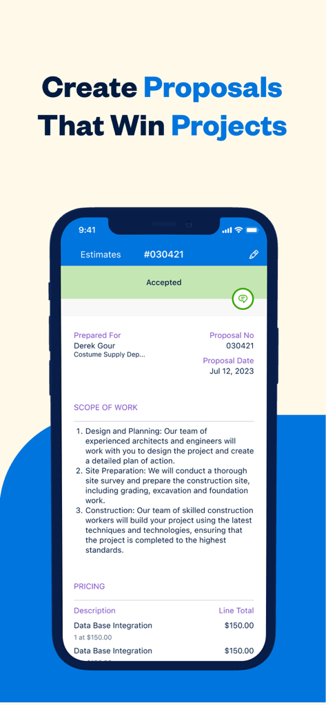 FreshBooks app screen displaying a professional business proposal with scope of work and pricing on a mobile device