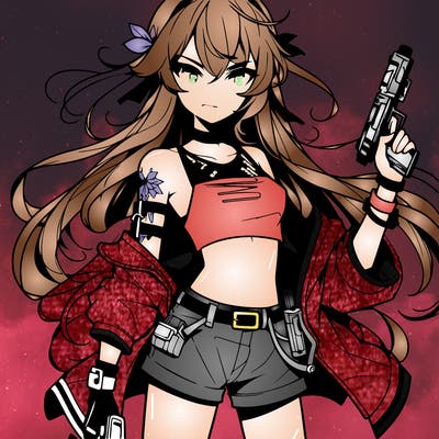 bad girl wearing crop top holding a gun long hair anime