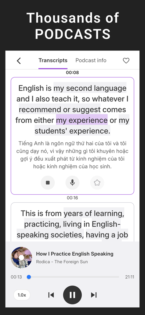 Lang Shadow: English Shadowing - Lang Shadow app screen displaying an English podcast with interactive transcripts and translations for shadowing practice.