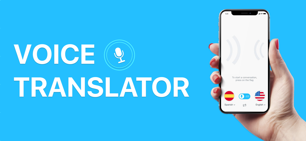 Translate - Live Translator - Mão segurando um smartphone mostrando a interface de tradução de voz do aplicativo Traduzir