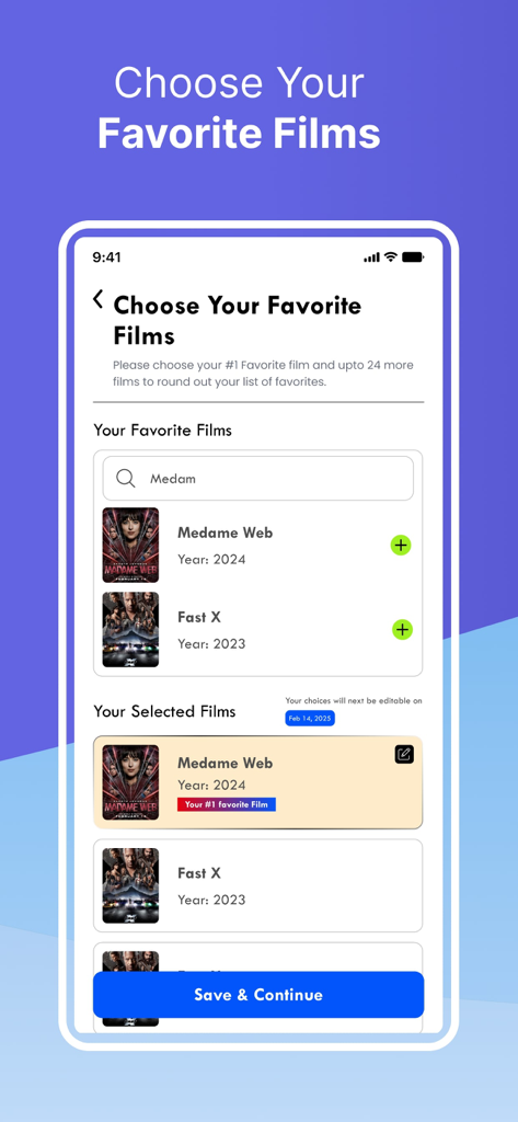 CineConnections - CineConnections app screen for selecting and searching favorite movies to build a dating profile