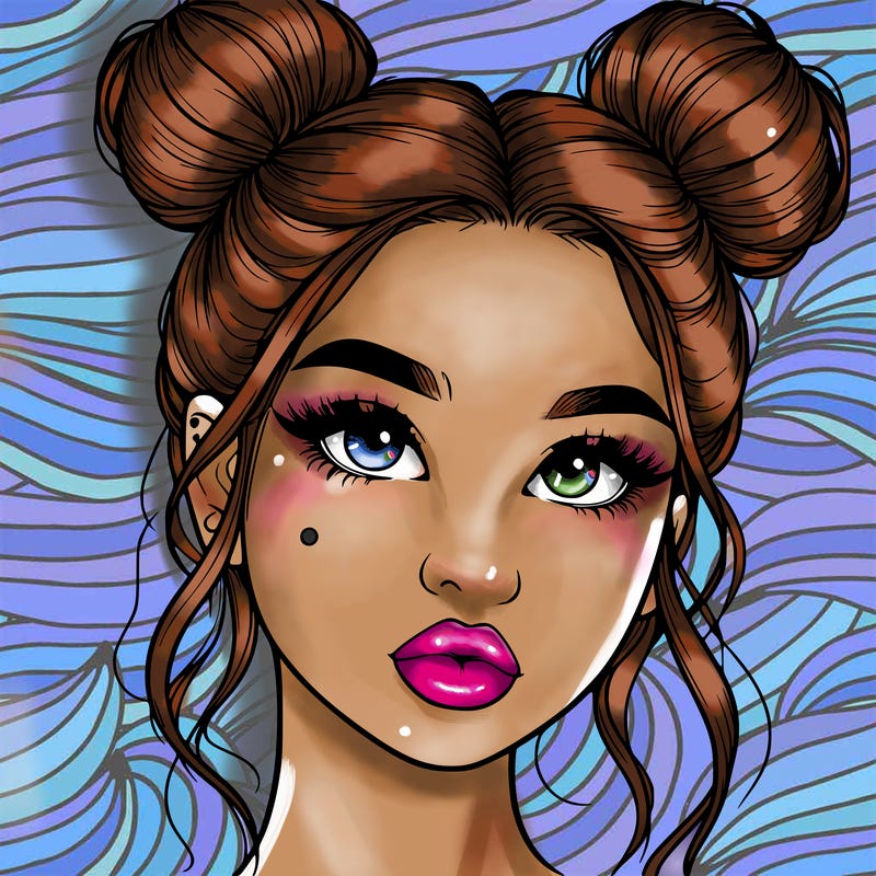 realistic girl with two buns on her hair and lips