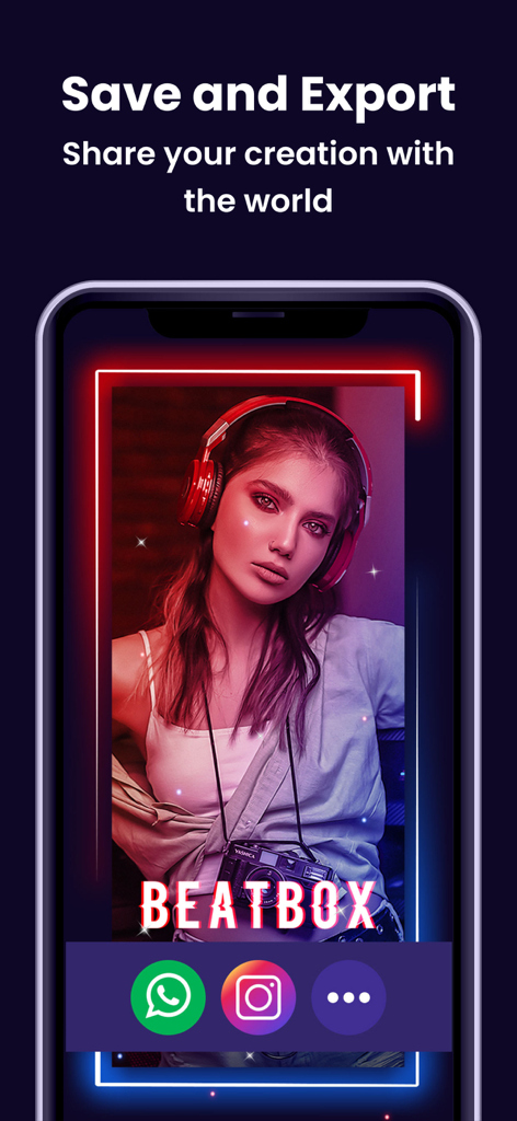 MBit: Reels & Video Templates - MBit 앱 인터페이스에 Instagram 및 WhatsApp용 소셜 미디어 공유 아이콘이 있는 저장 및 내보내기 화면 표시