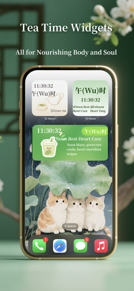 12 Hour Health - Energy Widget - Pantalla de inicio del iPhone que muestra widgets de bienestar para la hora del té con un lindo fondo de pantalla de gato