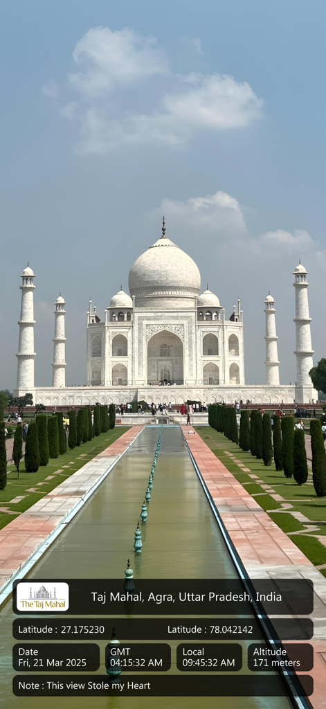 A photo of the Taj Mahal captured with the GPS Map Camera Lite app showing a data overlay with coordinates, date, time, and altitude.