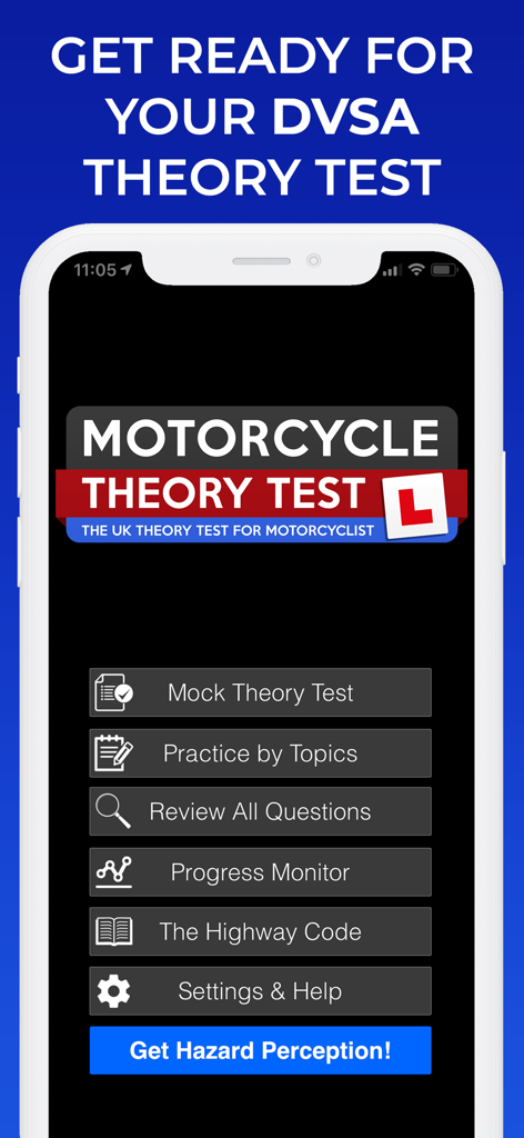 Motorcycle Theory Test UK - Motorcycle Theory Test UK app main menu interface with mock test and study options