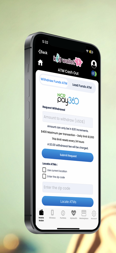 Kid Wallet - Kid Wallet app interface for requesting ATM withdrawals and locating nearby ATMs