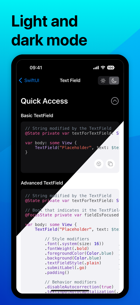 Swifter for SwiftUI app showing light and dark mode code examples for text fields