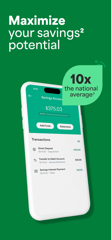 Netspend Wallet - Netspend Wallet app interface showing a savings account balance with a high interest rate highlight