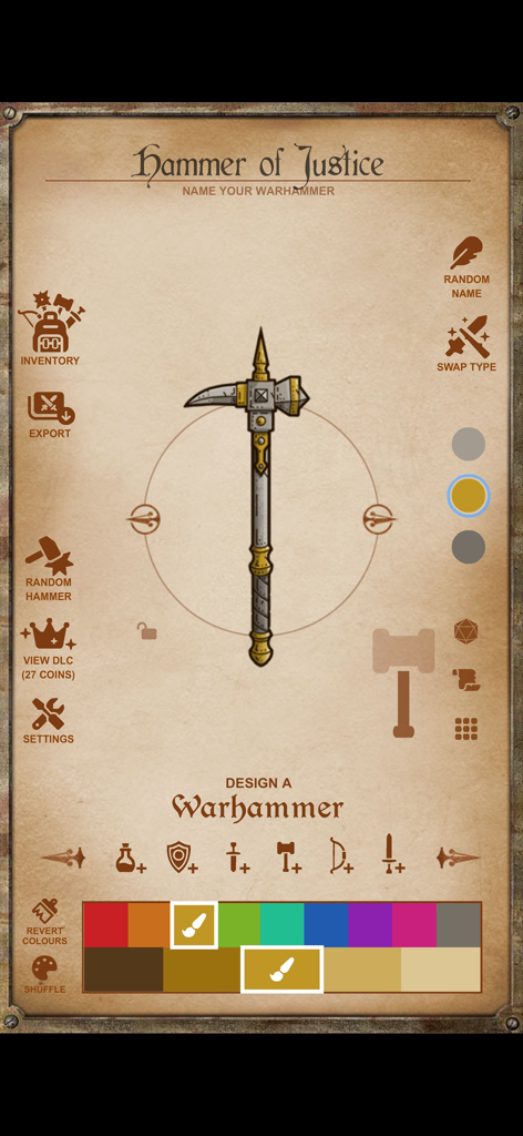 Instant Armory - A screenshot of the Instant Armory app showing the customization of a fantasy warhammer called Hammer of Justice on a parchment background.