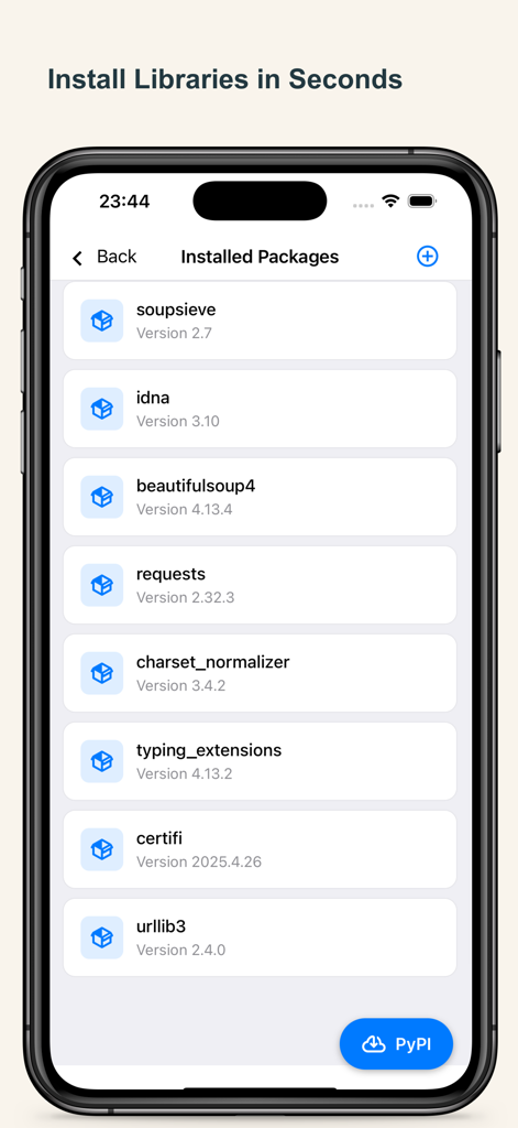 Screen showing a list of installed Python libraries and packages in the Python Coding app