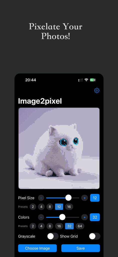 Image2pixel - The Image2pixel app interface showing a white cat photo converted into pixel art with sliders to adjust pixel size and color count.