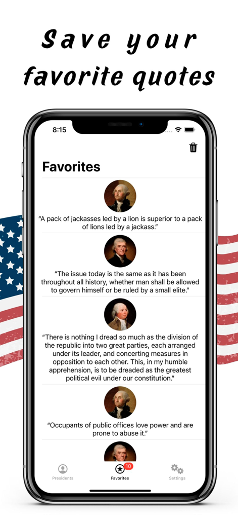 조지 워싱턴과 토머스 제퍼슨의 명언이 포함된 '대통령 동기 부여 명언' 앱의 즐겨찾기 섹션 아이폰 디스플레이