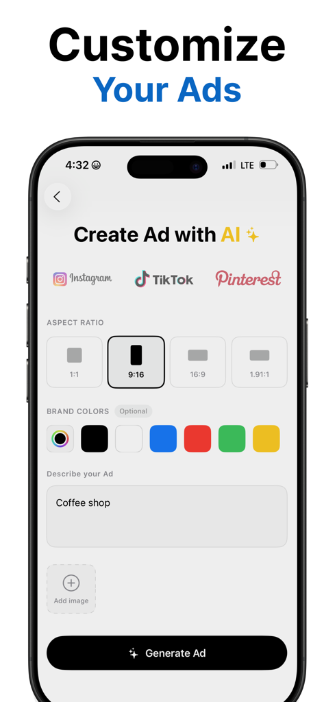App-Oberfläche zur Anpassung von Social-Media-Anzeigen mit KI, die die Auswahl von Plattform und Seitenverhältnis zeigt.