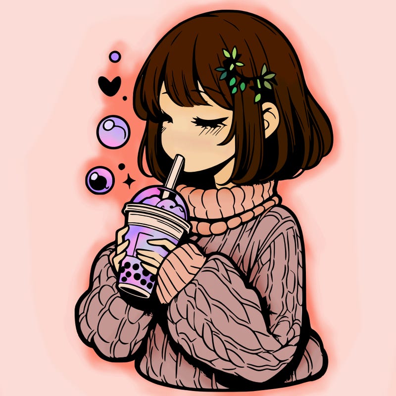 manga girl drinking boba in cozy sweater
