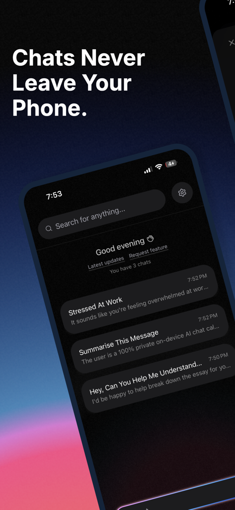 Smartphone screen showing the Whisper app interface with the heading Chats Never Leave Your Phone and a list of private chat logs.