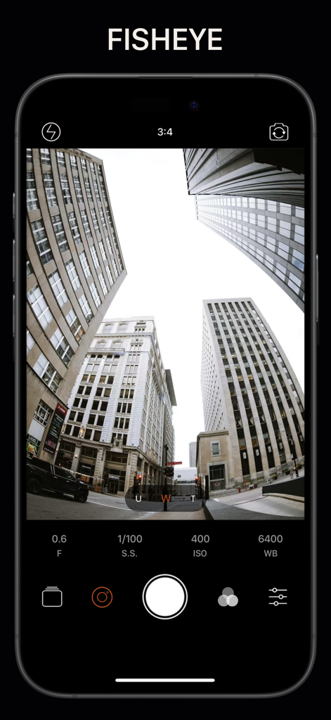 Interface of the Pro Camera app showing a fisheye lens effect on city buildings and manual camera controls