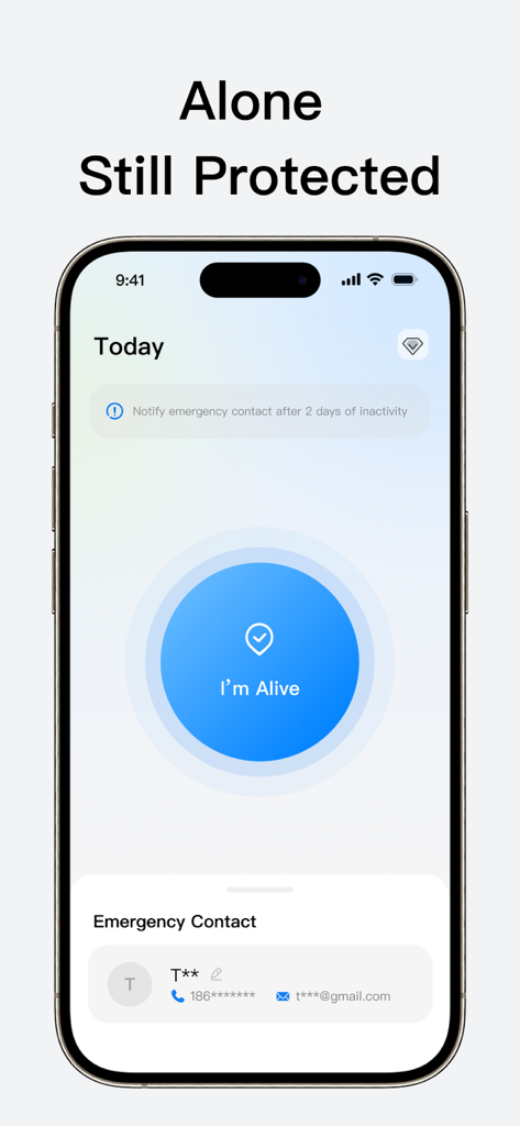 Are you dead-sms&email alert - Interfaz de aplicación de seguridad que muestra un gran botón azul que dice Estoy vivo y detalles de contacto de emergencia.